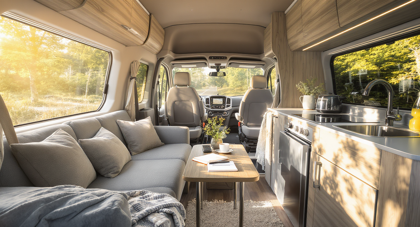 Van aménagé avec équipements modernes et budget affiché sur un tableau