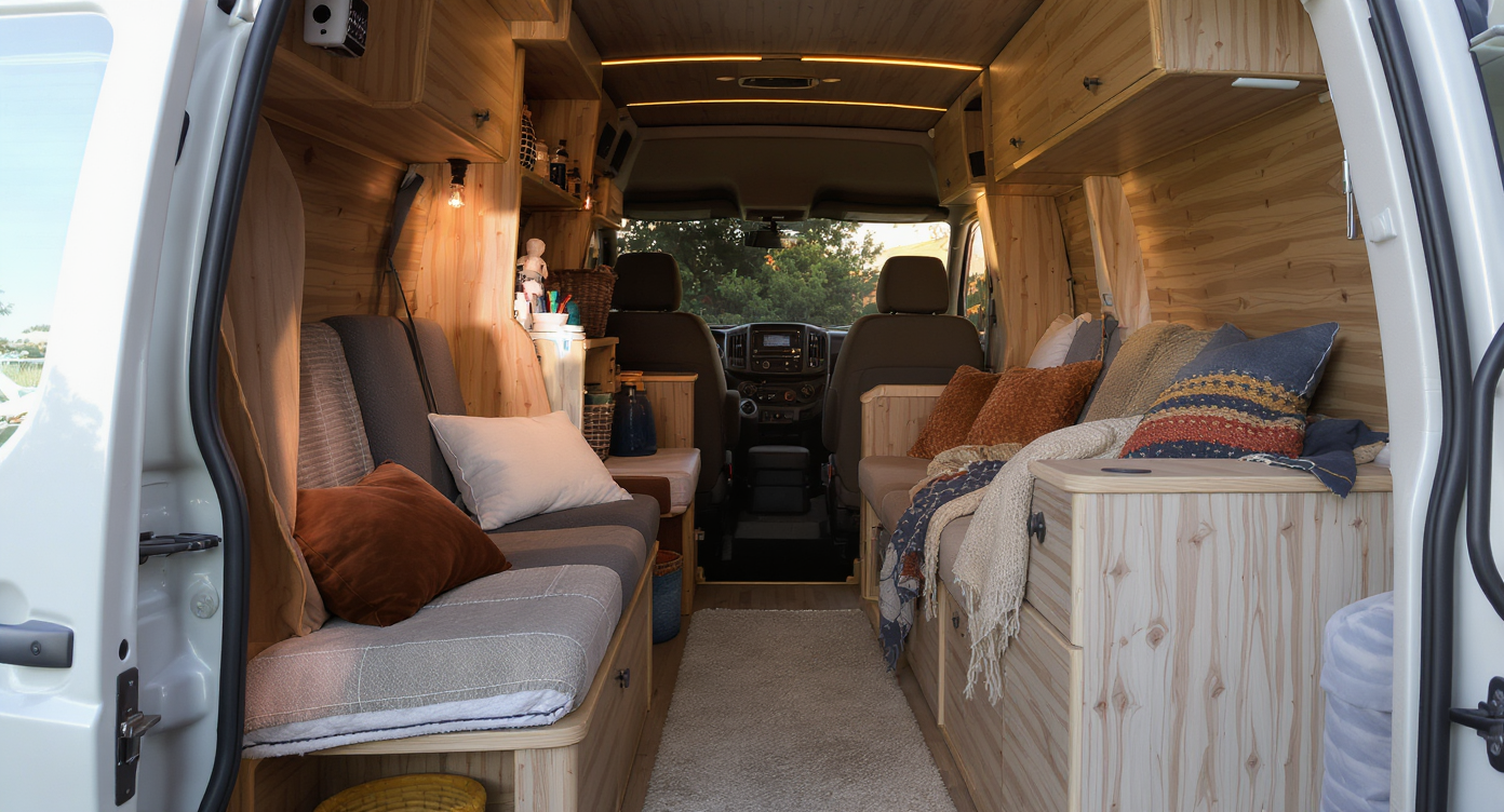 Van aménagé stationné dans un paysage naturel serein et accueillant