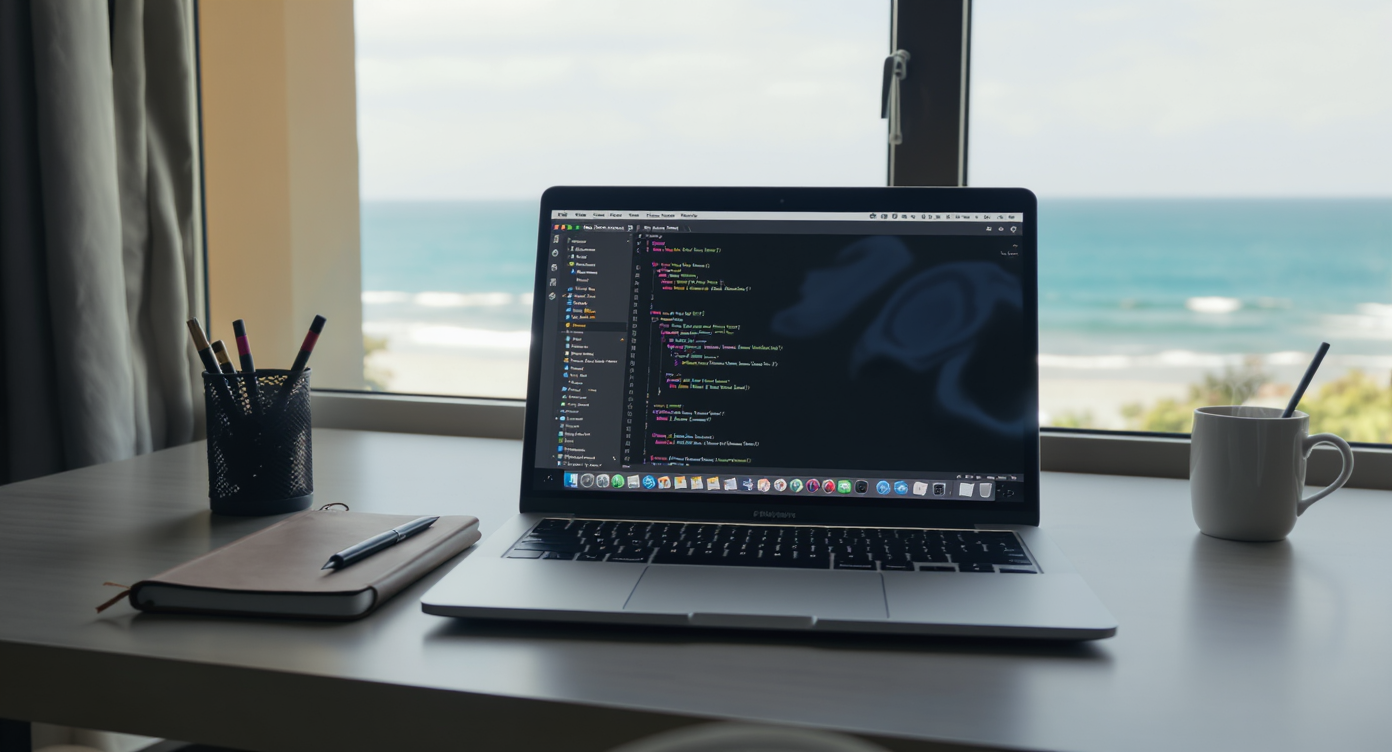 Nomade travaillant sur un ordinateur portable dans un café animé