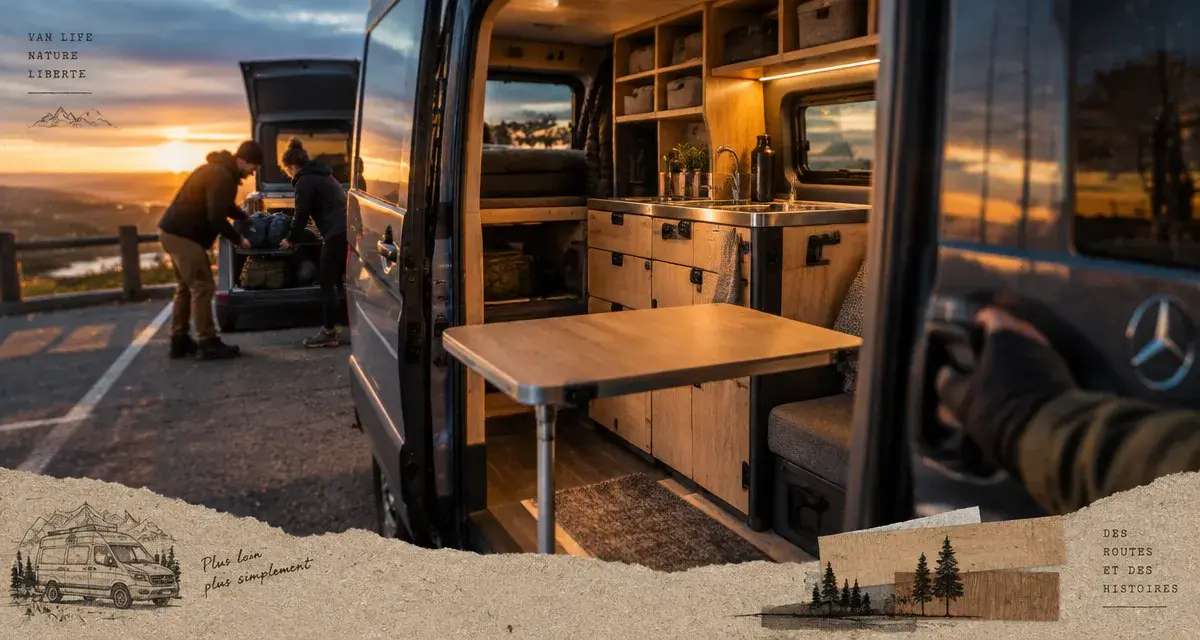 Camion aménagé Mercedes : main ouvre la porte du fourgon aménagé, cuisine modulaire