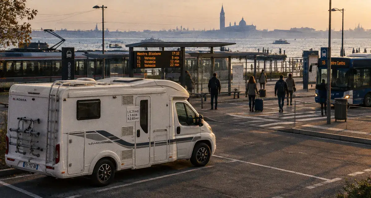 Camping car à Venise sur aire bitumée : hauteur 2,10 m surveillée