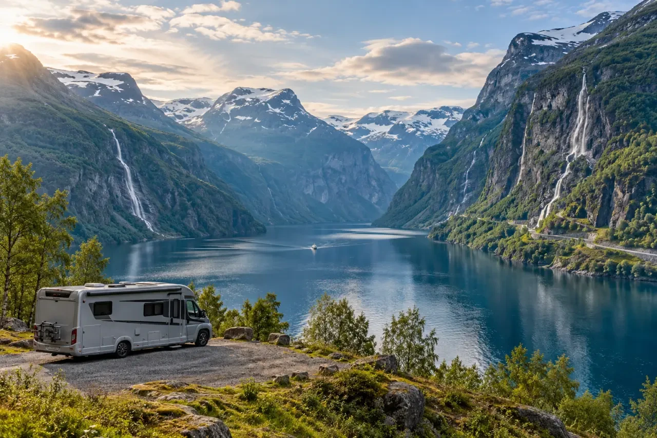 Voyage en camping car en Norvège face au Geirangerfjord