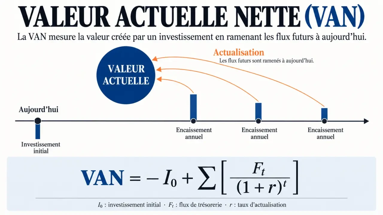 Infographie expliquant la définition VAN et l’actualisation des flux de trésorerie