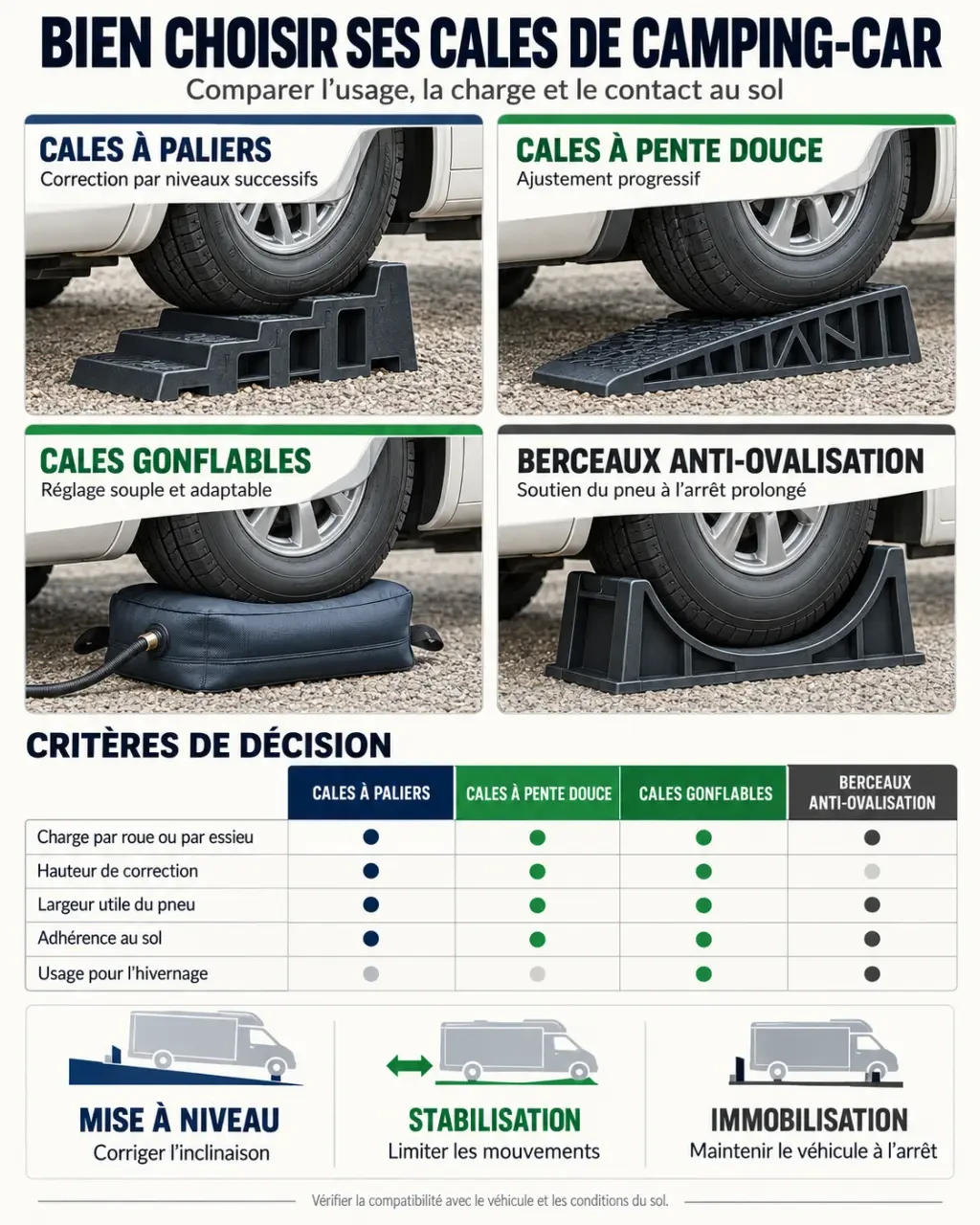 Cale de camping-car : comparaison des modèles à paliers, gonflables et anti-ovalisation