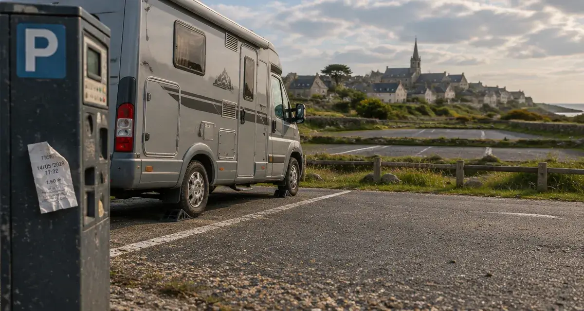 Parking des Grées aire de stationnement pour campings cars, camping-car et ticket d’horodateur, 7 € pour 24 h, à 100 m de Rochefort-en-Terre, sans vidange