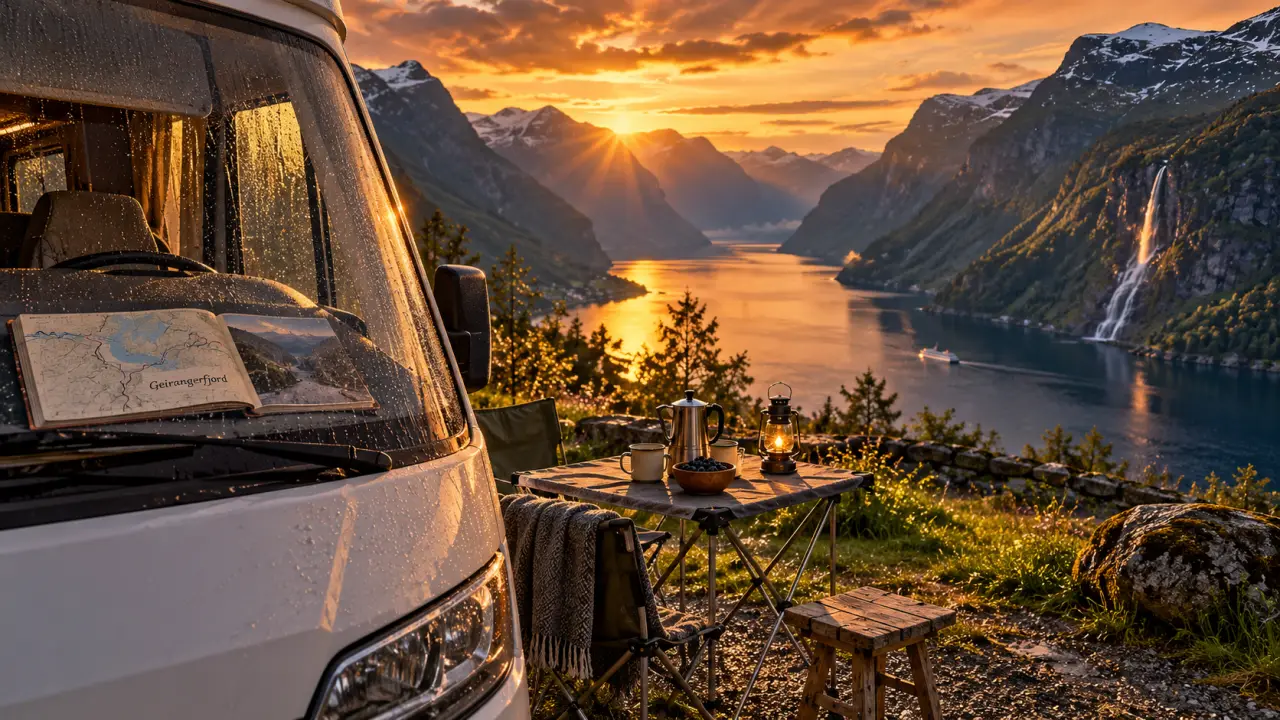 Voyage en camping car en Norvège, camping-car face au fjord au golden hour
